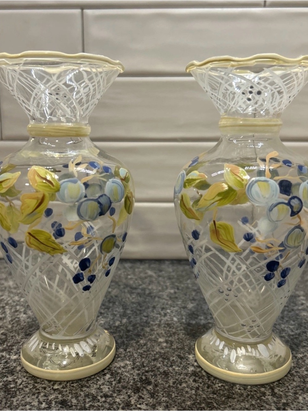 Tracy Porter Hand Painted Floral Glass Vase Pair Scalloped Rim RARE Set of 2